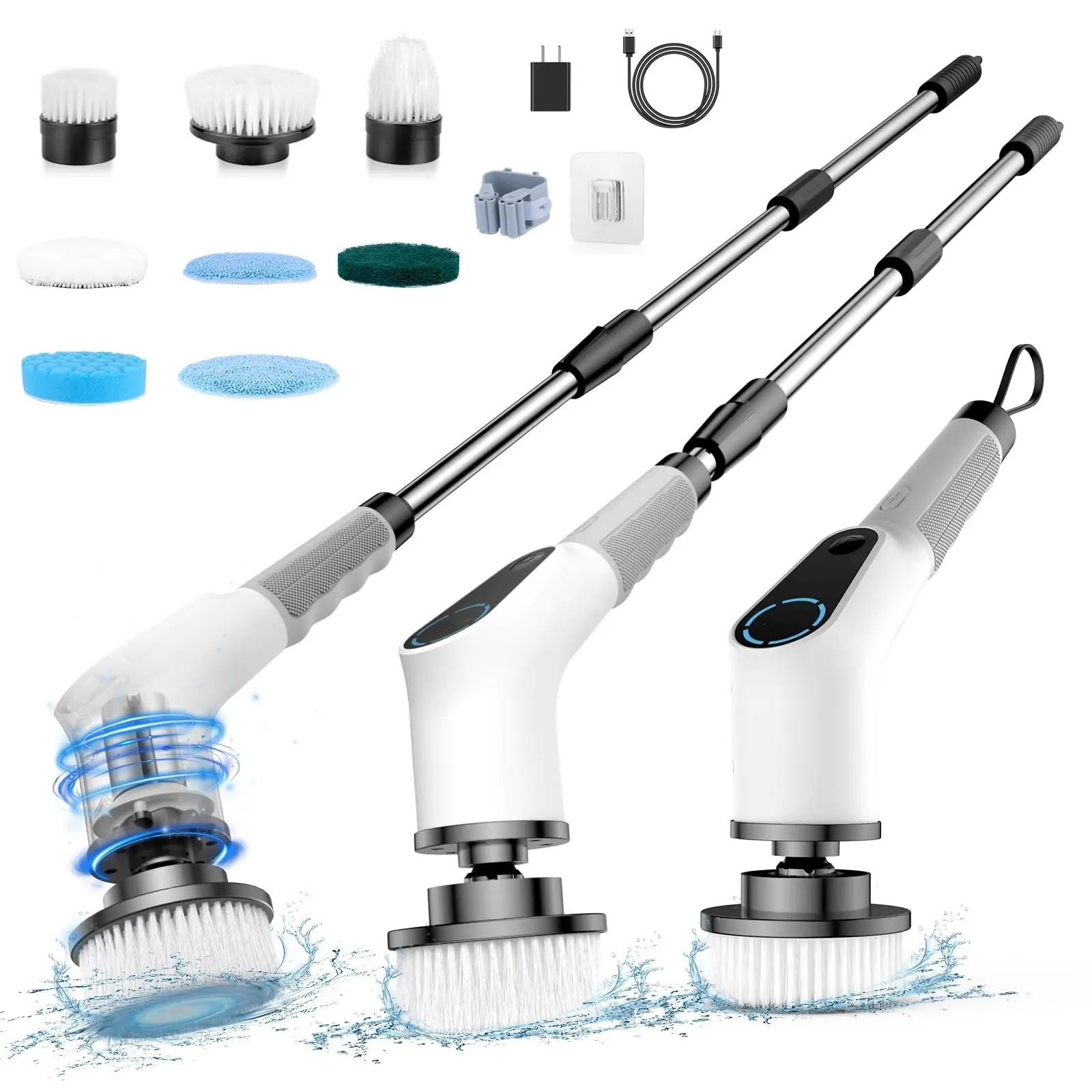 Electric Spin Scrubber with Long Handle, Cordless Bathroom Scrubber, 8 Replaceable Brush Head, 2 Adjustable Speed, Shower Cleaning Brush w/Adjustable & Detachable Handle for Bathtub Tile Floor