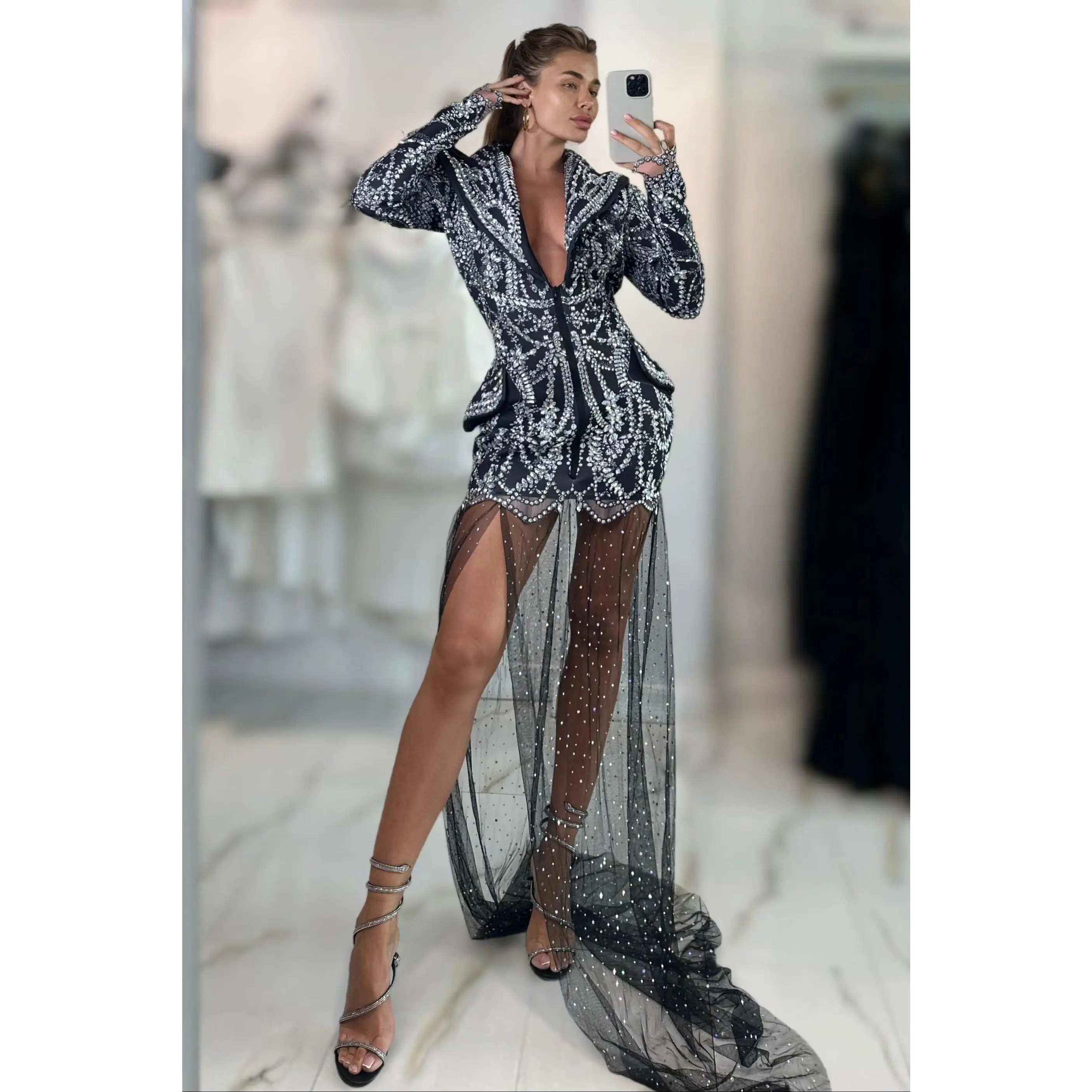 Jessica Bara Rora Crystal Blazer Mesh Gown