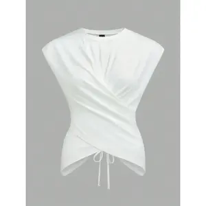 2026-2027-Women's Knitted Round Neck Drop Shoulder Sleeve T-Shirt, Fashion Casual Asymmetrical Ruched Cross Cutout Back Tie Top