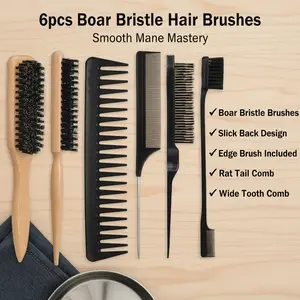 6PCS Durable Hair Styling Set - Boar Bristle Slick Back Tool, Edge Tool, Rat Tail Comb, Wide Tooth Comb, Easy to Clean, Works for Any Men & Women