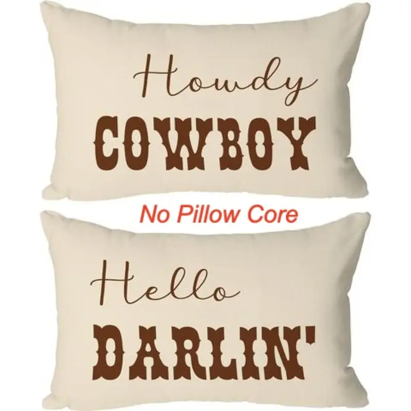 2pcs-Western Couple Pillow Covers - "Howdy Cowboy" & "Hello Darlin" Rustic Farmhouse Decor, Home Décor Products, Cushion Cover Decoration for Couch Sofa, Room Decor and Bedroom Decor, Single Sided Printing, No Pillow Core