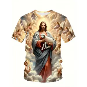 Men'S Plus Size Religious T-Shirt - Angelic Lamb Print & Angels, Breathable Polyester Round Neck Short Sleeve, Lightweight & Machine Washable, Regular Fit for Casual Wear, PLUS SIZE