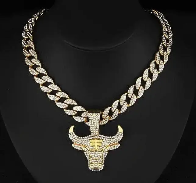 MaxBling81 Unisex Hip Hop Bull Head Pendant Necklace - Gold-Silver Plated, 15mm Multi-Size Iced Cubic Zirconia, Miami Link Cuban Chain, Costume Jewelry for Daily Wear & Gifting, 50Mm X 50Mm, All Fresh Design