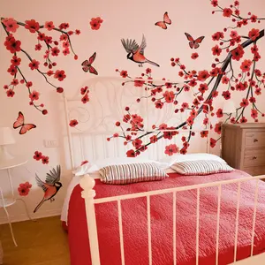 A set of two (30*90cm*2pcs) creative spring art decorative wall stickers wall decal featuring red plum branches, birds and butterflies, suitable for decorating living rooms, bedrooms, headboards and background walls, Home Decor (MS7331-YC)
