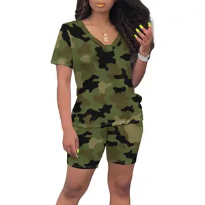 ZCC Women's 2-Piece Fitted Camouflage Clothes Set - V-Neck Shortsleeve Top, Comfortable Polyester Blend Biker Shorts, Stylish Casual Women's Clothes,summervibes
