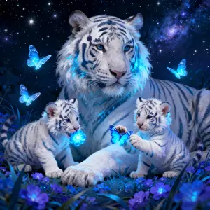 White Tiger Family with Glowing Butterflies Under Starry Sky, Multiple sizes available including square and round diamonds, 5D DIY diamond painting set diamond art embroidery kit handmade home decor holiday birthday art personalized gift, Handmade Gifts