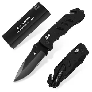 #SpringGlowUp FLISSA Folding Pocket Knife with Clip, Glass Breaker and Seatbelt Cutter, Survival Knife for Emergency Rescue Situations, EDC Knife for Tactical, Hunting, Camping, Outdoor, Unique Gifts for Dad, Father