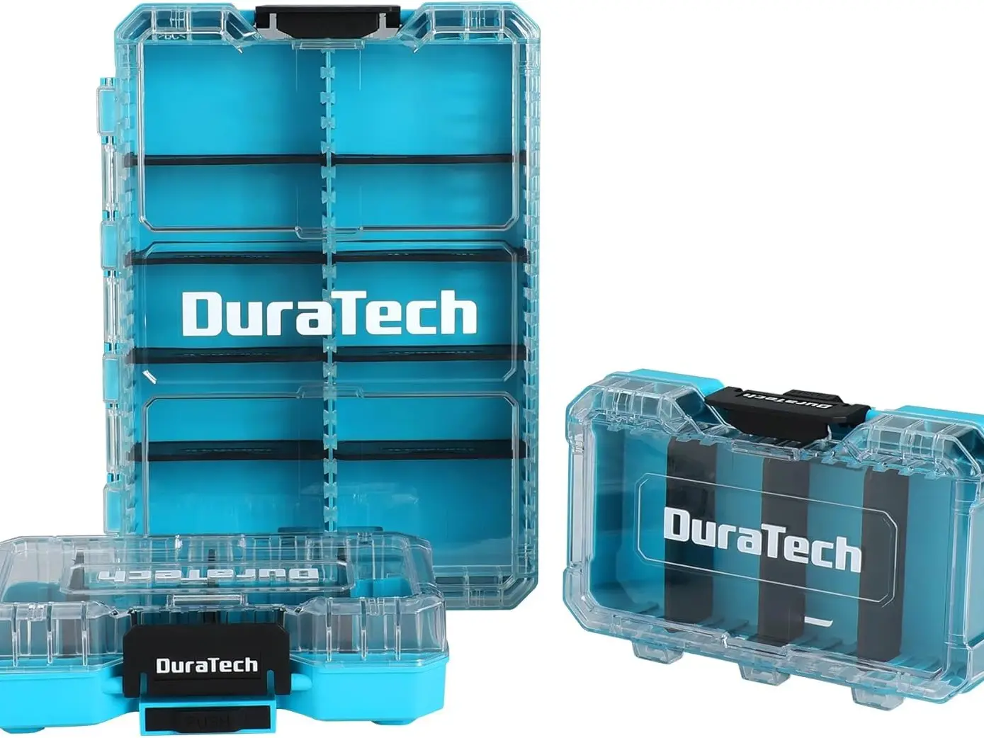 #summersale DuraTech 3-Piece Small Parts Tool Box Organizer with 14 Dividers | Stackable clear-lid boxes with 14 removable dividers; storage for screws, nuts, bolts, nails, drill bits and small hardware