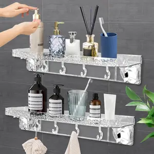 Shower Caddy Suction Cup Bathroom Shower Organizer, 2 Pack No Drilling Large Shower Shelves with 4 Hooks, Acrylic Wall Mounted Storage Holder for Bathroom Storage Home Decor & Kitchen