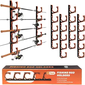 Fishing Rod Holder for Garage, H5 Wall or Ceiling Mounted Fishing Pole Holders with Soft Protective Pad, Fishing Rod Storage Organizer, Horizontal Fishing Rod Wall Mount Nets Storage (4 PACK)