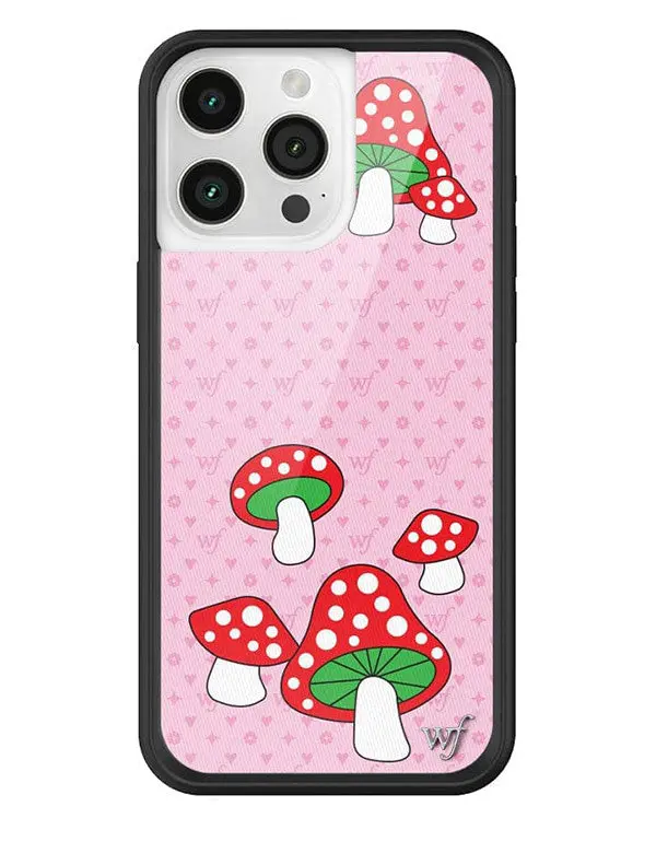 Shrooms | Limited Edition Trendy iPhone Case | Raised Protective Black Bumper | Women Owned Small Business | Baby Pink Background Magenta Polka Dots Red Dotted Mushrooms | Safety Casing Protective | Gift for Her