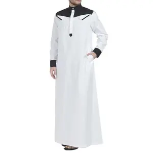 Muslim men's loose fitting patchwork color blocked standing collar door tube long sleeved robe