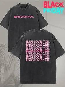 Unisex 230GSM Washed T-Shirt - "Jesus Loves You" Religious Pattern, Pink/Green Double-Sided Print, Crew Neck Church/Casual Wear Machine Washable Gift