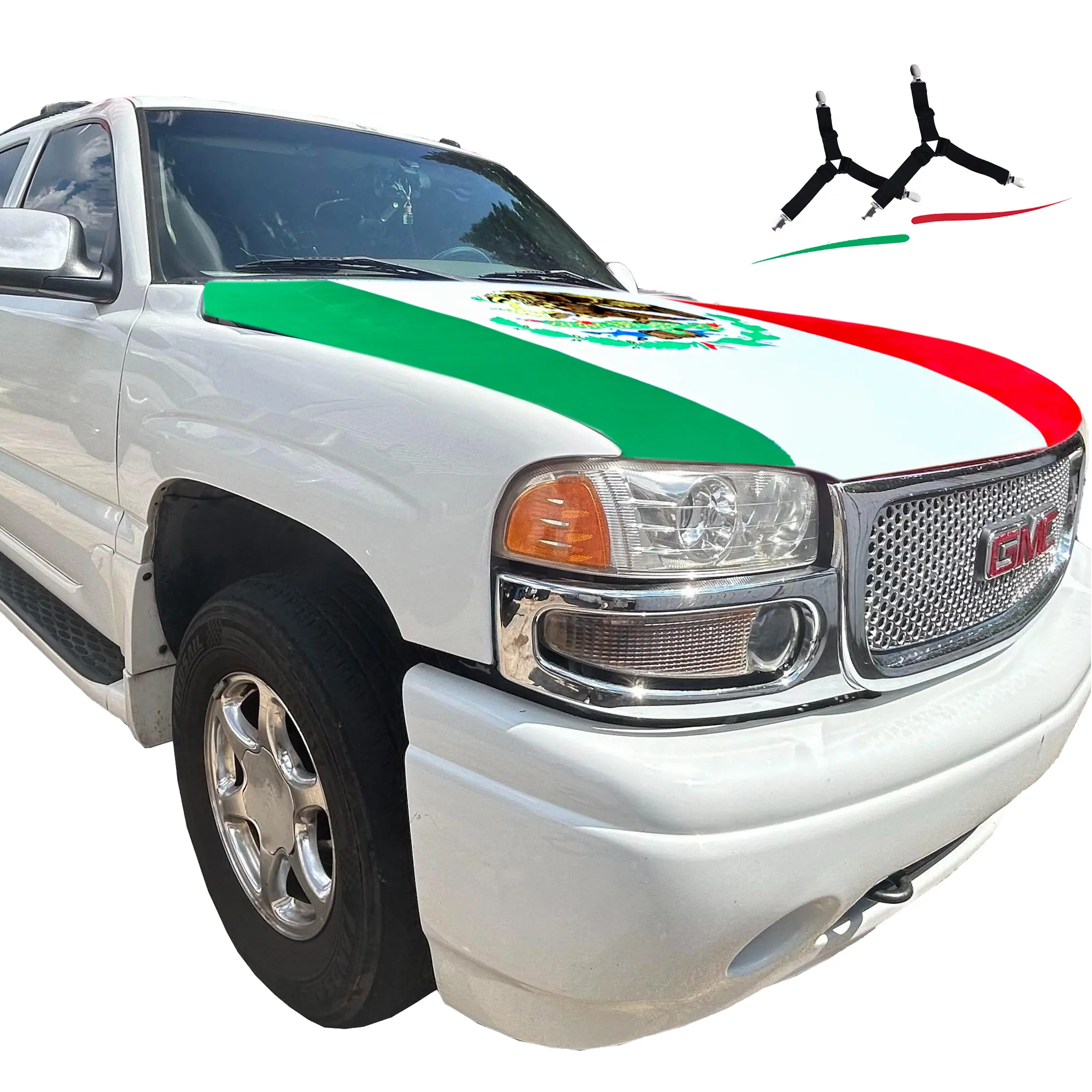 Mexico Flag (Bandera de México) Car Hood Cover Kit - Viva Mexico Edition | Includes 2 Stability Clips | High-Elastic Fabric Fits Trucks, SUVs & Sedans | Perfect for Cinco de Mayo, Mexican Independence Day & Soccer Rallies
