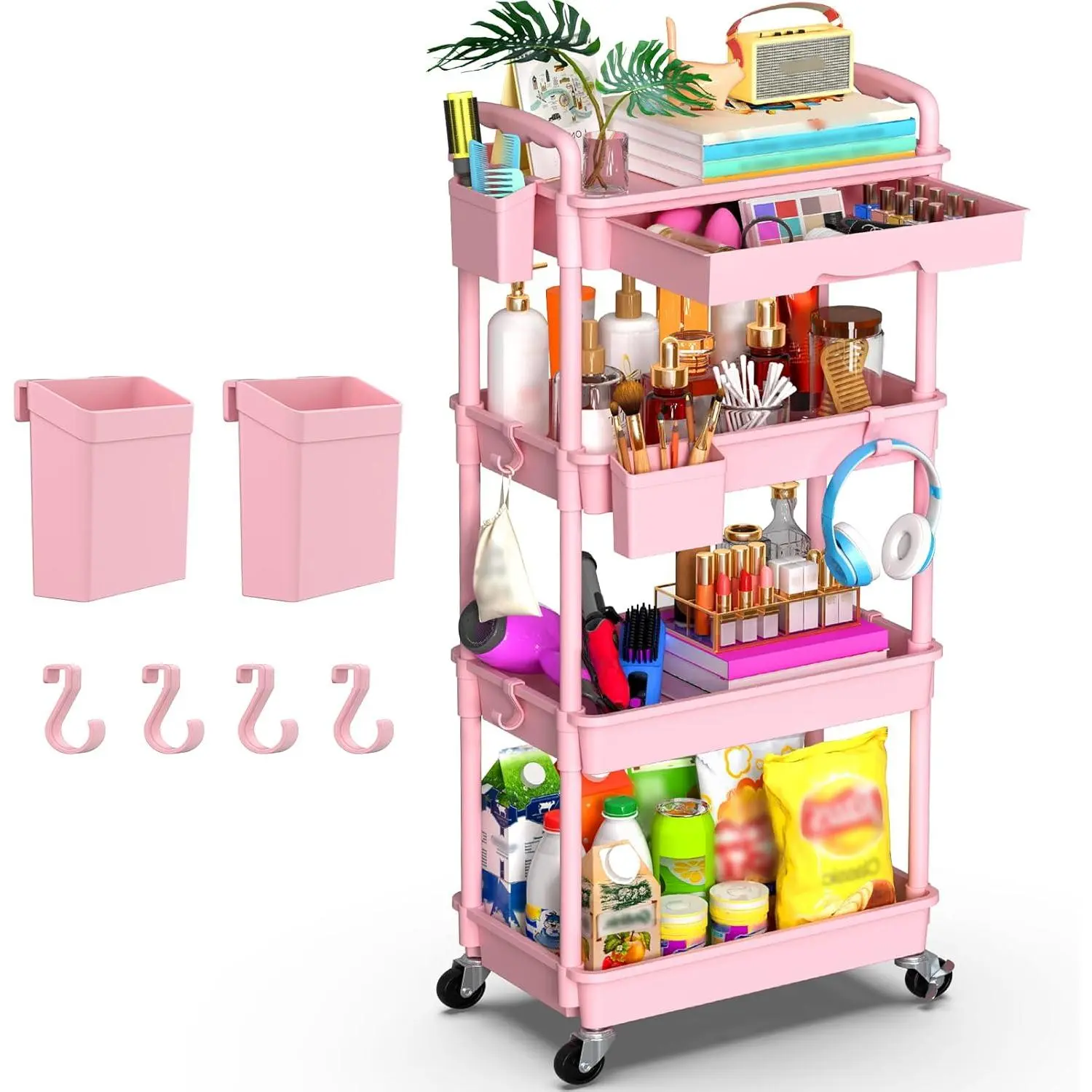 4 Tier Rolling Utility Cart Organizer with Removable Drawer,  and Sturdy Pink Rolling Storage Carts with 2 Lockable Wheels for Bathroom, Kitchen, Snack, Craft, Makeup,  Essentials