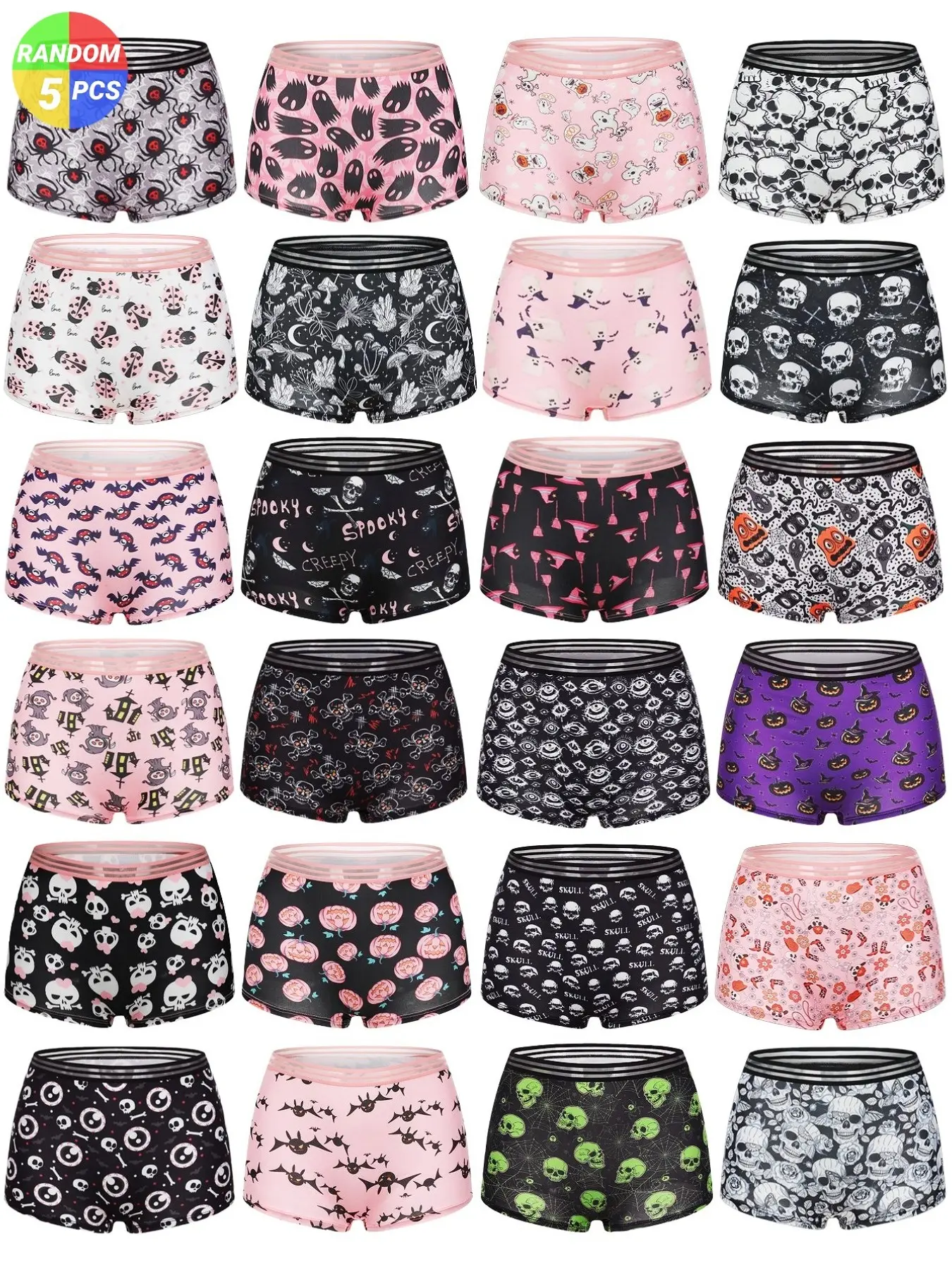 5-Pack Random Halloween Gothic Print Women Boxer Shorts Waistband Spooky Boyshort Underwear, Soft Comfortable Briefs, Daily Four-Way Pants, Elastic Waist, All Seasons