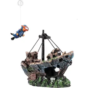 Aquarium Shipwreck Decoration + Little Diver Floating Fish Tank Decoration, Fish Tank Ornaments