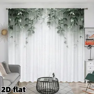 2D Flat 2Pcs Green Leaves Botanical Print Curtains Hanging Plant Design Rod Pocket Style Semi Sheer Polyester Curtain Panels for Living Room Bedroom Balcony Kitchen Office Window Treatment Modern Home Decor Privacy Protection Home Decoration Curtain