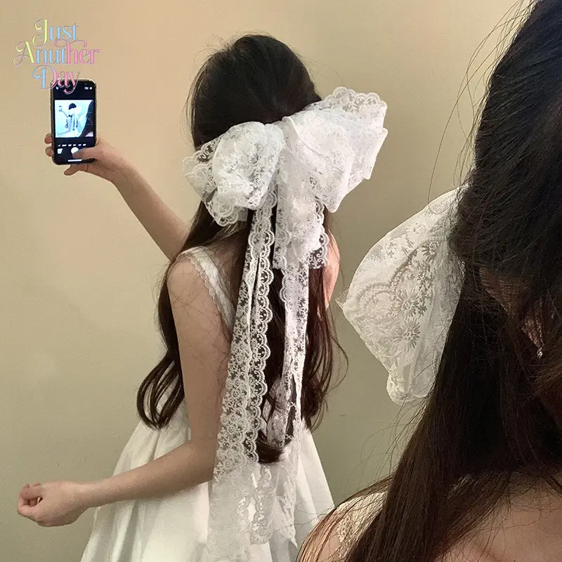 Women's Elegant White Lace Oversized Bow Hair Clip, Romantic Long Tailed Lace Bow Barrette, Fairy-Inspired Back-of-Head Hair Accessory for Formal & Casual Wear