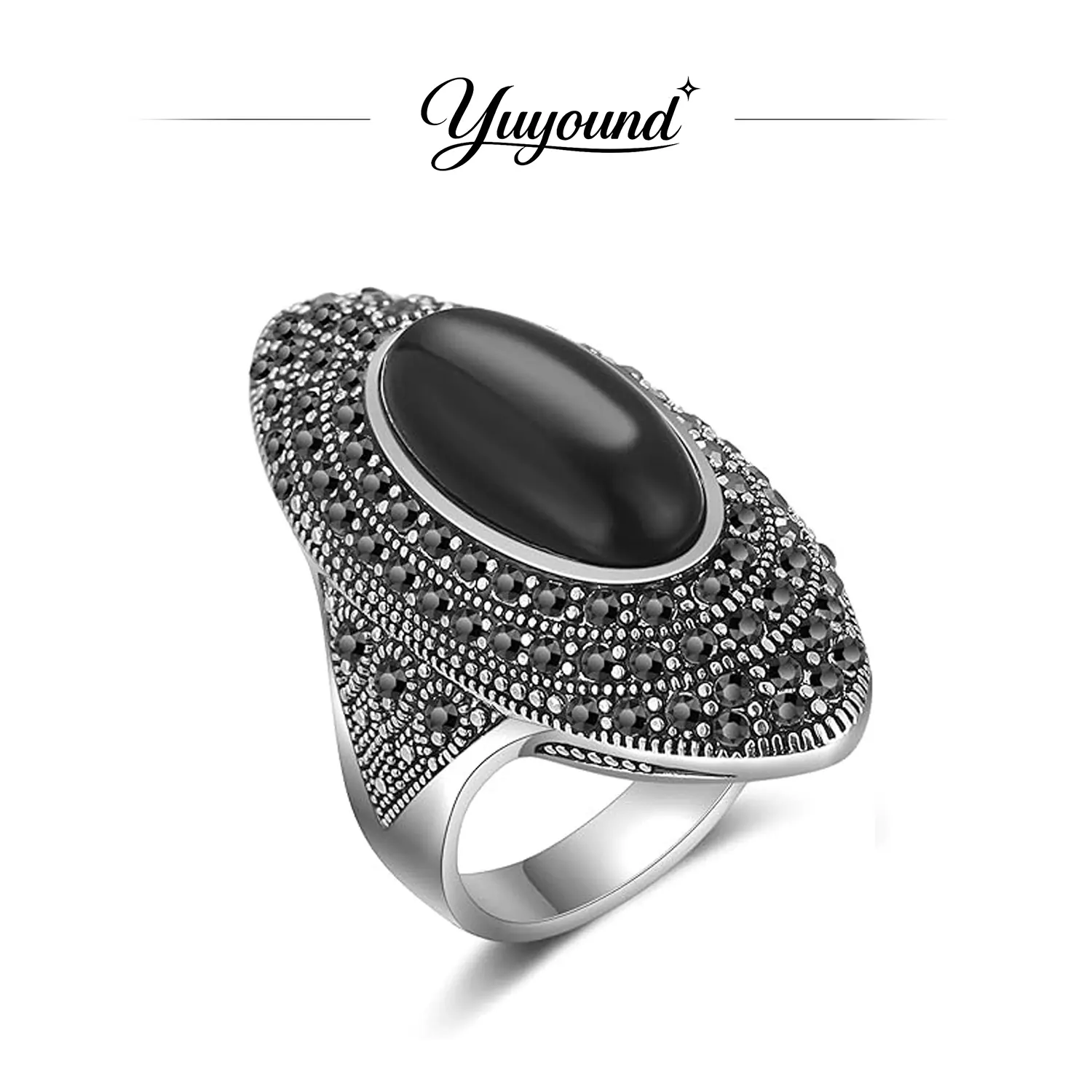 Vintage Statement Women’s Ring | Black Agate & Crystal Inlaid, Unique Bold Design, Trendy Daily Wear Jewelry, Perfect Gift for Her, Girlfriend & Best Friend, Birthday Gift Ideas, Accessories For Women, Rings For Women