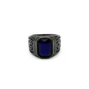 Blue Rhinestone Black Stainless Steel Gothic Biker Ring Jewelry Non-Tarnish Non-Rust Unique Design for Fashion Enthusiasts Durable and Reliable