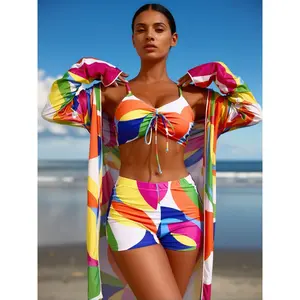 2026 Women's 3 Piece Swimsuit Set Rainbow Geometric Print Drawstring Ruched Bikini Top with Boyleg Bottom and Long Sleeve Sheer Kimono Cover Up Sun Protection Stretchy Quick Dry Swimwear for Beach Vacation Pool Party Cruise Water Park Summer Getaways
