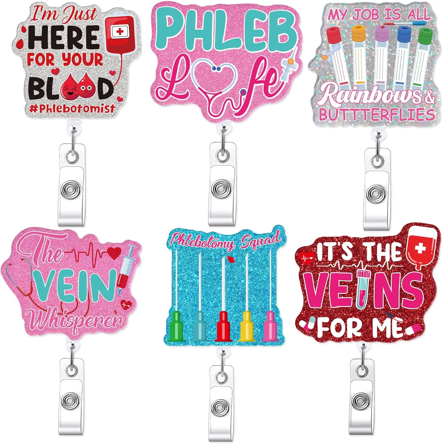 6 Pcs Phlebotomy Badge Reels, Retractable Funny Pink Glitter ID Badge Holder with Metal Clip, Phlebotomy Essentials and Phlebotomist Gifts