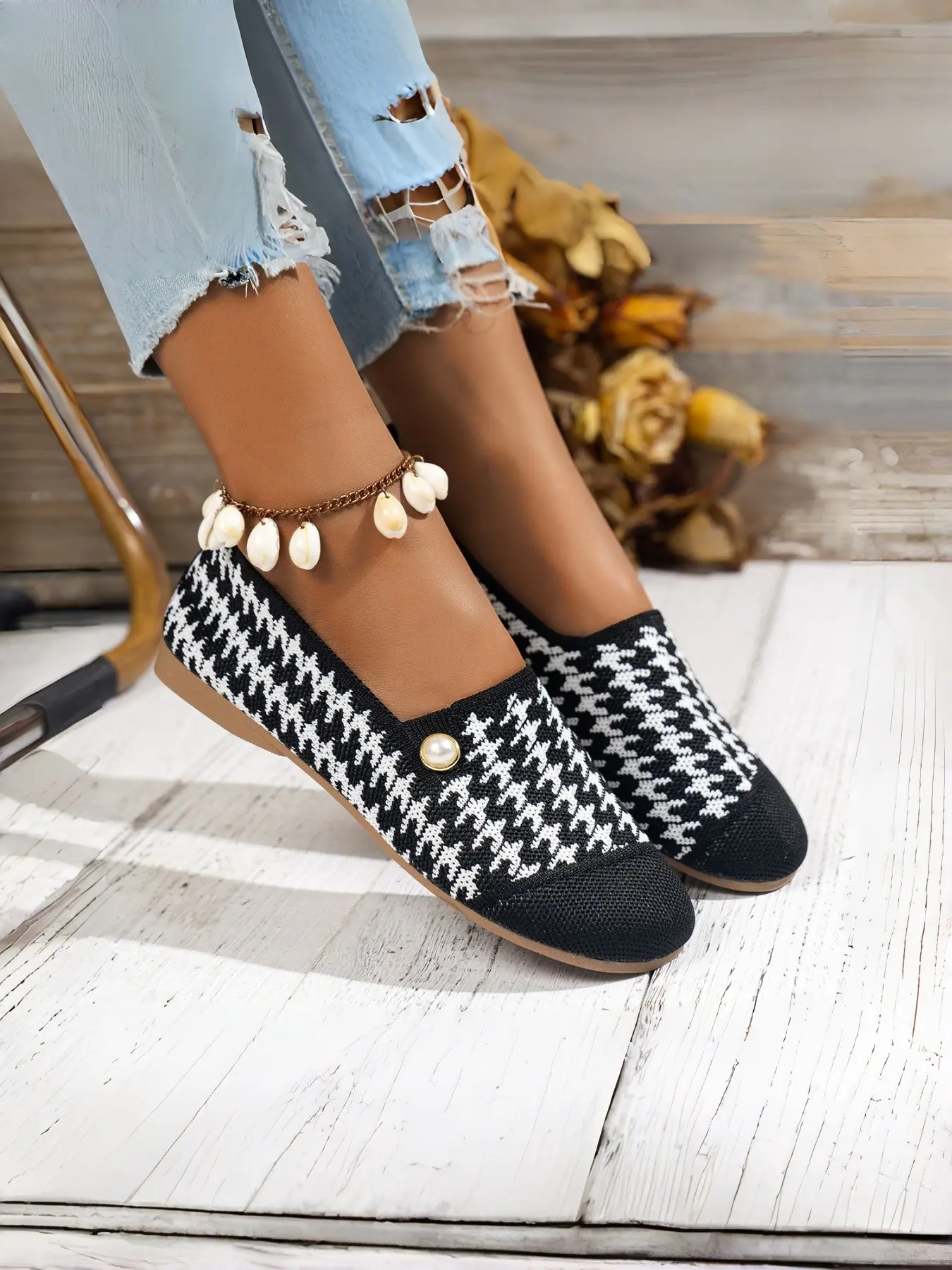 Women's Houndstooth Slip-On Flats | Breathable Knit Casual Shoes | Lightweight Non-Slip Walking Shoes