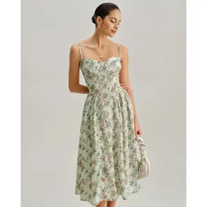 Green Floral Sweetheart Neck Pleated Slip Midi Dress
