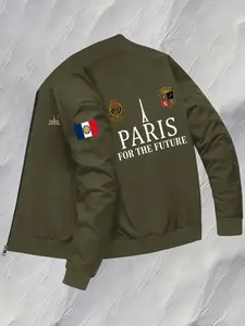 Men's French Style Pilot Jacket, Paris France Pattern with Eiffel Tower Three-Color Flag, Zip Casual Outerwear, Polyester Fiber
