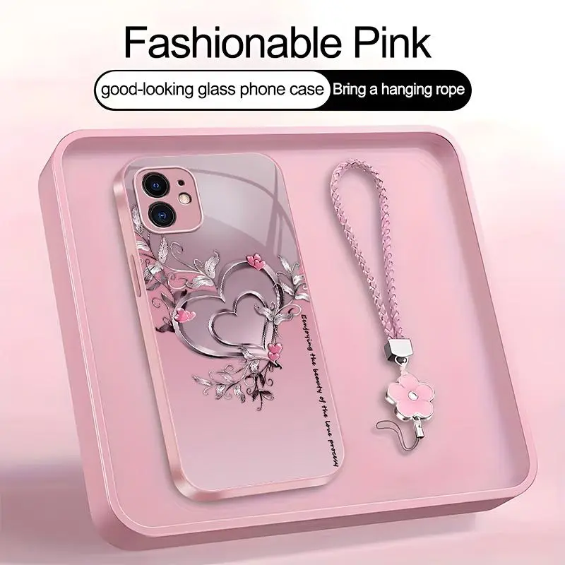 Premium iPhone 11 Smartphone Casing - High-End Protector Accessory with Heart Pattern, 4-Leaf Clover Lanyard, Multiple Color Options for Device Safeguard
