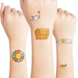 96PCS Groovy 70s Pre-Cut Temporary Tattoos - Retro Flower Power, Good Vibes Party Decorations & Favors | Cute Tattoos Stickers Gift for Kids, Boys & Girls, Prize Supplies (Normal)