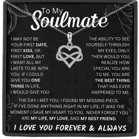 To My Soulmate Infinity Heart Pendant Necklace Love Heart Necklace Gift Box with Card,Jewelry for Girlfriend Wife Birthday Christmas Gifts