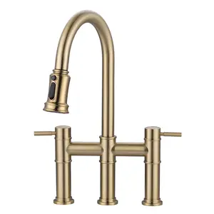 WOWOW Bridge Faucet for Kitchen Sink, Gold Farmhouse 3 Hole Kitchen Faucet, 2 Handle High Arc Brass Faucet with 360° Swivel, with Supply Lines
