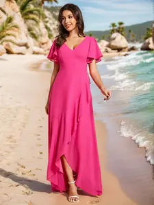 Ever-Pretty 2026 New Charming Chiffon Formal Simple Bridesmaid Dress Elegant Backless Floral Dress with V-Neck & Ruffle Sleeves – Perfect Summer Gown for Weddings, Vacations & Garden Parties 01749 Sequin Strapless Cocktail Dress bonita  prom  dress A-Line