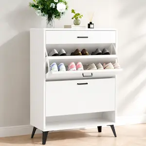 Hooseng Modern Minimalist White Shoe Storage Cabinet with 2 Drawers & Hidden Storage for Entryway Hallway & Closet Organization Easy Assembly & Flip Down Design for Home Furniture Interior Interior
