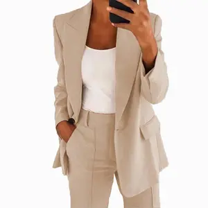Two-piece Set Women's Solid Pocket Pants Set, Elegant Long Sleeve  Lapel Neck Blazer & Button Wide Leg Pants Set, Fashion Women's Outfits for Work Office Business