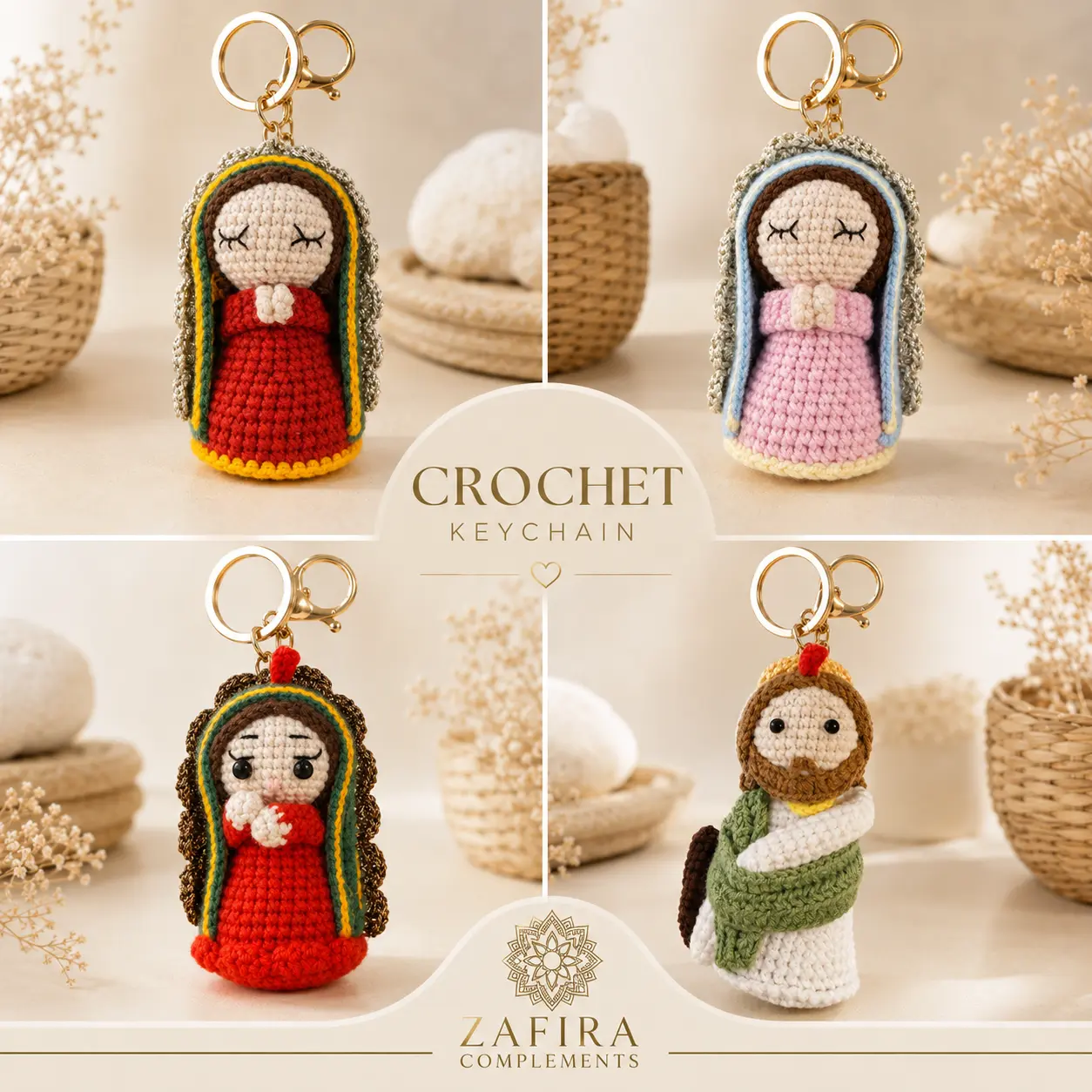 Crochet Virgin of Guadalupe keychain charm – Handmade spiritual accessory