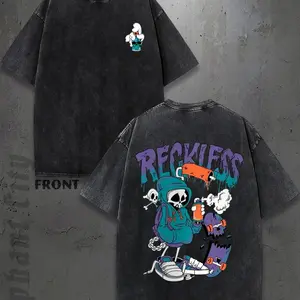 Vintage Washed Graphic Tee: Unisex "RECKLESS" Streetwear with Spray Paint Skeleton & Skate Design|Bold Statement Tee for Urban Fashion & Skate Culture