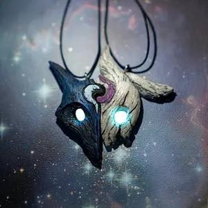 Unique Yin-Yang Fox Mask Pendant Necklaces in Black & White with Blue LED Eyes - Zinc Alloy, Cosmic-Inspired Design for Couples - Ideal Valentine's Day Gift