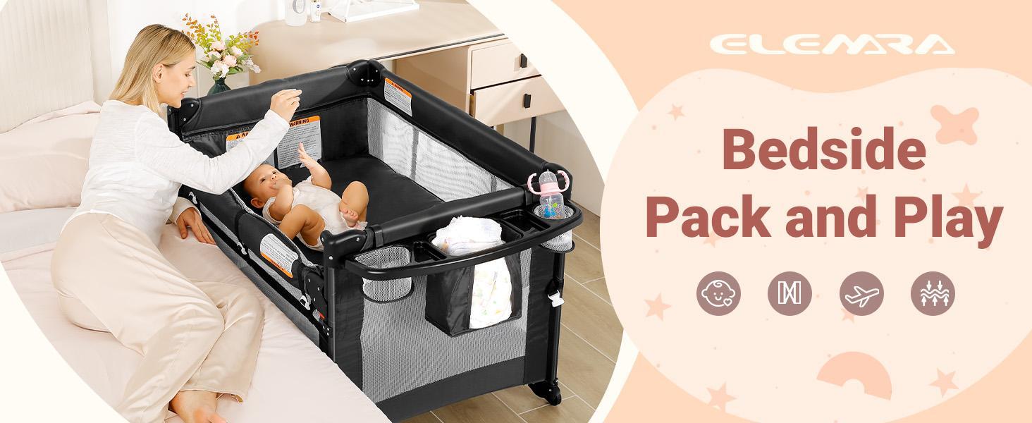 Dripex Baby Bassinet Bedside Sleeper, Adjustable Height, Includes Mattress Sheet, Portable Playpen Travel Bed with Storage Foldable Crib for Newborns Infants Folding Cot