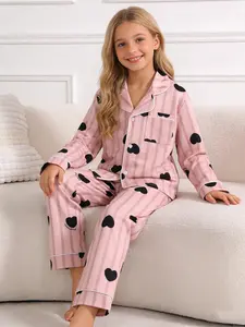 Girls' Long Pants Pajama Set Nightwear for Spring, Fall, Winter, Outdoor Casual Long Sleeve Button-Up Top, Heart Pattern, Pocket Design, Perfect for Parties and Leisure