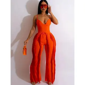 Women 2pcs Outfits Fringe Tassel Long Pants Set Adjustable Suspenders Bodysuit Strap Clubwear Jumpsuits Solid Color Wave Pattern, V-neck Suitable for All Seasons, Elegant Backless Semi Transparent Camisole Straight Leg Pants for Spring And Overalls Chic