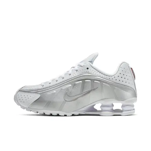 NIKE Women's Shox R4 Leather & Synthetic Lace-Up Running Shoes - White Metallic Silver, Responsive Cushioning, Modified Waffle Outsole, Laser Perforations, Modern Enhancements, Sporty Chic, Recrafted Icon, Below the Ankle Casual Trainers, Clean Aesthetic,