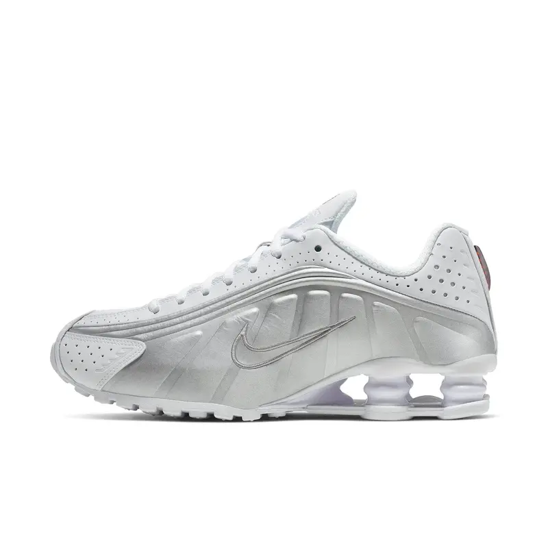 NIKE Women's Shox R4 Leather & Synthetic Lace-Up Running Shoes - White Metallic Silver, Responsive Cushioning, Modified Waffle Outsole, Laser Perforations, Modern Enhancements, Sporty Chic, Recrafted Icon, Below the Ankle Casual Trainers, Clean Aesthetic,