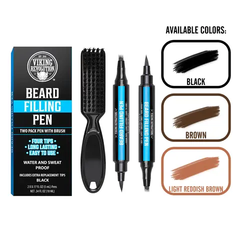 Viking Revolution Beard Filling Pen 2-Pack with Brush Waterproof Long-Lasting for Men Includes 4 Replacement Tips Black Brown Light Reddish Brown