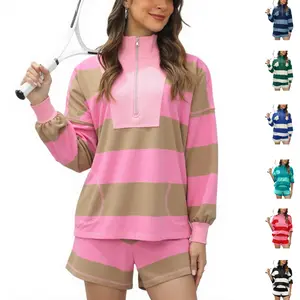 Tanming Womens 2 Piece Outfits Striped Workout Set Two Piece Matching Lounge Sets Half Sleeve Tops and Short Sets FallFreshness