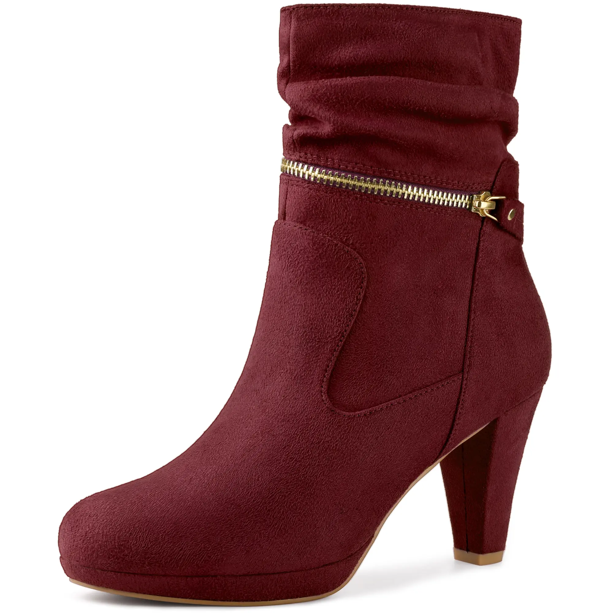 BLISSFUL STEP Women's Round Toe Platform Block Heels Mid Calf Boots
