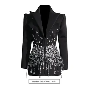 Sexy Socialite Style 2025 New Turn-Down Collar Long Sleeve Butterfly Sequin Full Diamond Ultra-Short Blazer Dress for Women