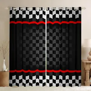 Feelyou 2-Panel Heavy Velvet Curtain Set, 38x54 in Home Decoration Window Drapes, Modern Black White Plaid Grid with Red Stripe, Privacy Grommet Household Textile, Heavy Curtain, Home Decoration Curtain